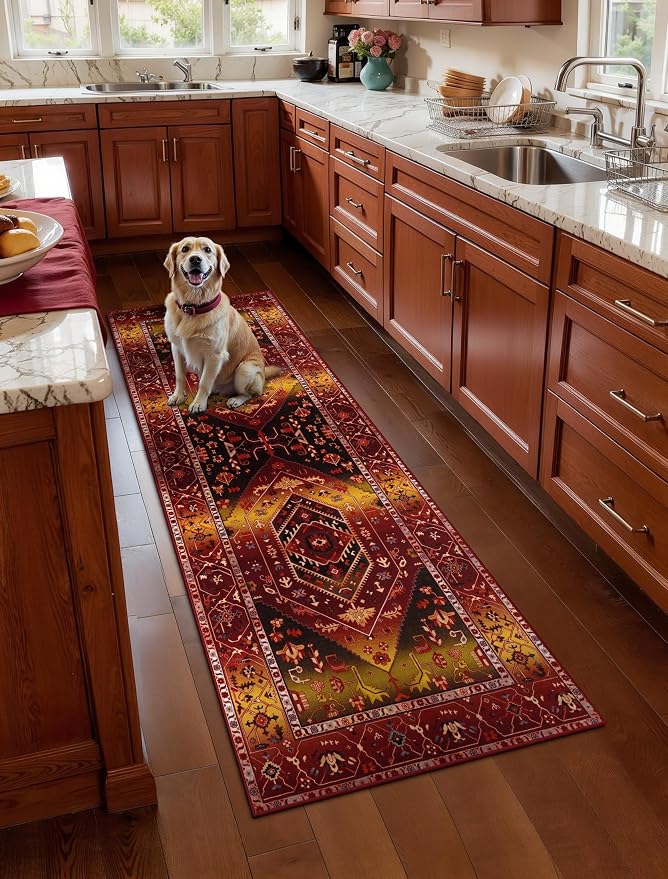 SERISSA 2x5 Washable Non Slip Boho Runner Rug for Hallway | Ultra Soft Vintage Oriental Carpet Low-Pile Rustic Red Gold Floor Carpet for Kitchen Bedroom Bathroom Laundry Living Room