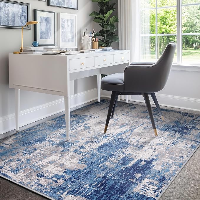 RELEANY Washable 5'x8' Abstract Area Rug for Living Room Blue Gray | Carpet for Bedroom, Kitchen, Office, Hallway and Entryway, Printed Pattern, Non‑Slip, Soft, Stain‑Resistant, Easy to Clean