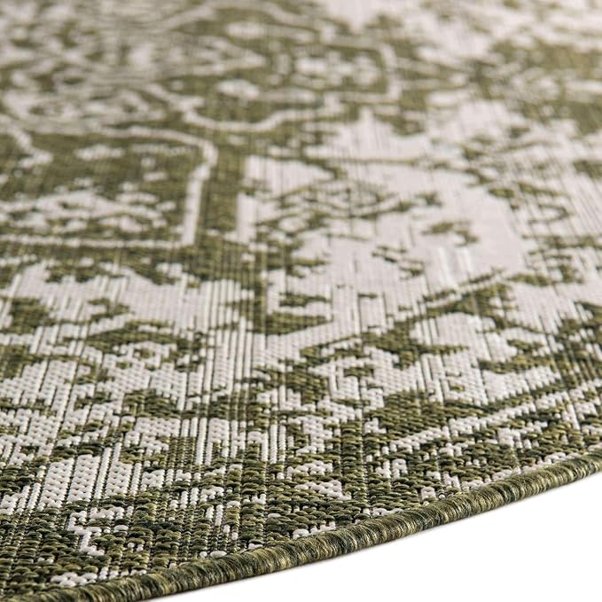 Unique Loom Outdoor Collection Area Rug - Dubai (6' 7' Round, Green/ Ivory)