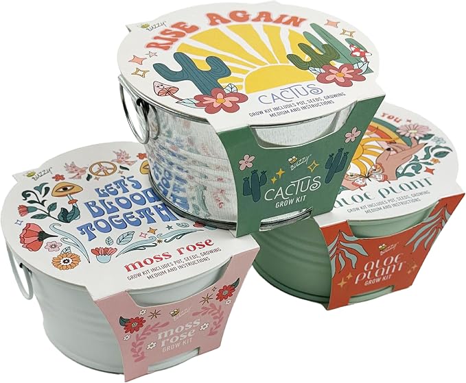 Buzzy Seeds Cactus, Moss Rose & Aloe Grow Kit 3-Pack - Ceramic Planter - Complete Indoor Gardening Kit with Seeds, Coconut Husk Growing Medium & Genuine Pots - 100% Grow Guarantee