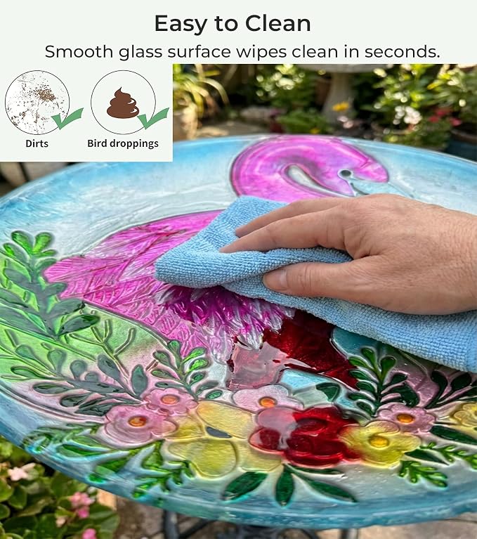 Large Bird Bath for Outside, 18" H Glass Bath Bowl with Metal Stand 28" H Standing Outdoor Birdbaths for Garden Yard Lawn Decor, Flamingo