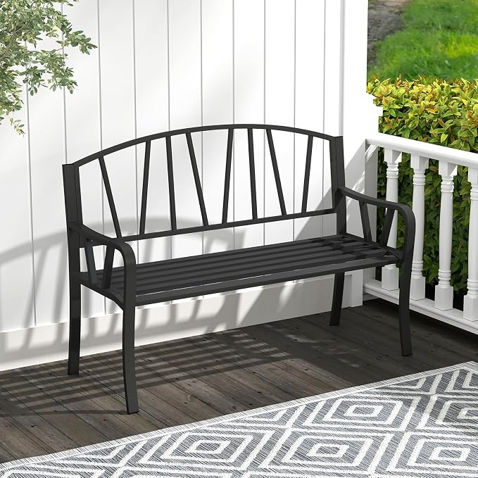 Giantex Garden Bench for Outside 51 Inch, Outdoor Bench with Metal Frame, Patio Metal Bench with Backrest, Armrests and Slatted Seat for Park, Porch, Backyard, 660 lbs Max Load, Black