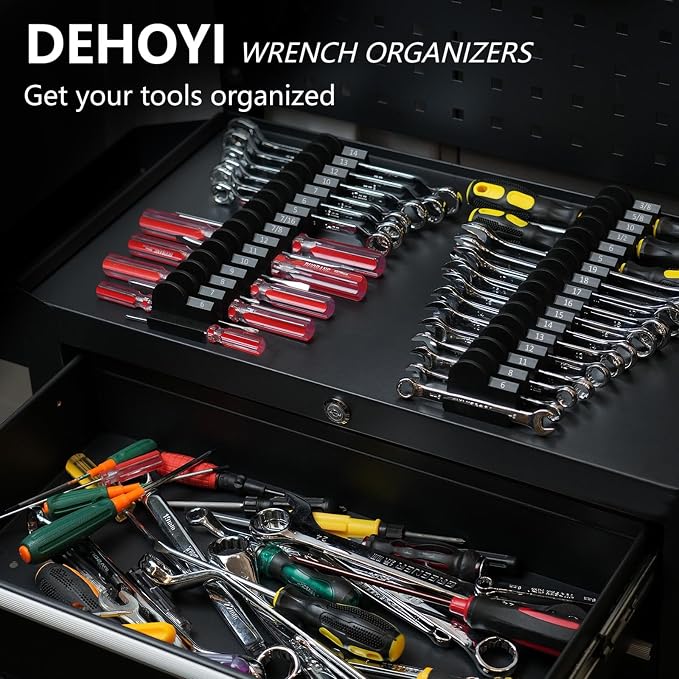 DEHOYI 48 pcs MAGNETIC Modular Wrench Organizers for Tool Drawers - Wrench Rack with Metric&SAE Labels, Perfect Tool Storage Holder with Magnet. Gift for mechanics (Black)