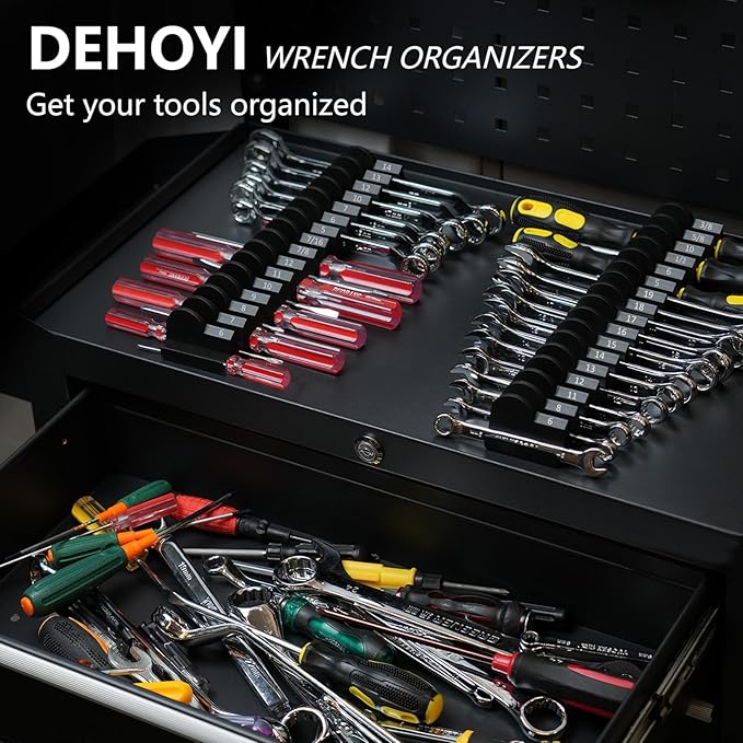 DEHOYI 80 pcs MAGNETIC Modular Wrench Organizers for Tool Drawers - Wrench Rack with Metric & SAE Labels, Perfect Tool Storage Holder. Gift for father, brother and boyfriend (With Magent) (Black)