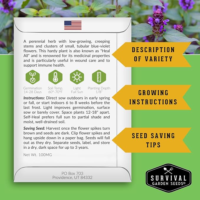 Self-Heal Seeds for Planting - Prunella Vulgaris (All-Heal, Selfheal) Hardy Perennial Ground Cover & Pollinator Wildflower, Non-GMO Heirloom Herb - Survival Garden Seeds (5 Packs)