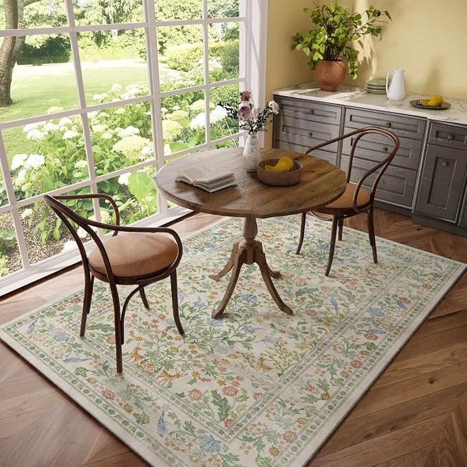 Washable Area Rugs for Living Room: 5x7 Bedroom Rug Vintage Rugs Stain Resistant Non Slip Low Pile Lightweight Soft Carpets Rugs for Dining Room Kitchen Nursery Kids Room Farmhouse Living Room