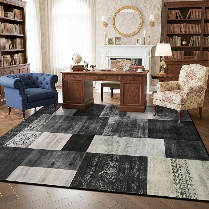 Washable Area Rugs 4x6 for Living Room, Modern Geometric Black White Soft Patchwork Carpet, Non-Slip Stain Resistant Throw Rug for Bedroom Dining Room Office Home Decor