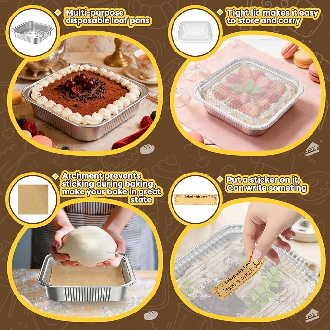 Gyreuni 40 Pack Disposable Aluminum Foil Loaf Pans with Lids Stickers and Parchment Paper Sheets-8" X 8" X 1.6" Disposable Square Baking Cake Pans-Aluminum Foil Tins Portable Food Containers Kit