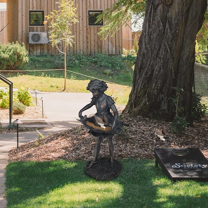 Outdoor Garden Statues - Bird Bath & Feeder Combo - Standing Angel Fairy Statues, 14.25*12.25*28.75 Inch