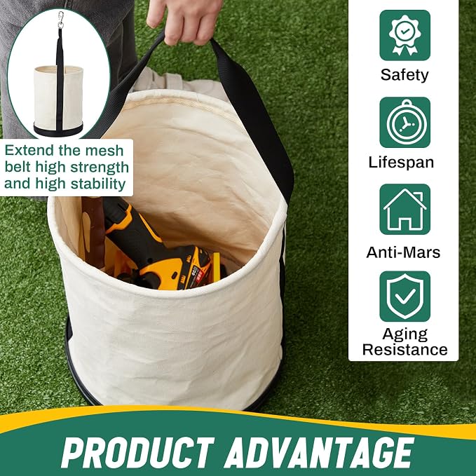 2 Pack Canvas Bucket 15" x 12" Heavy Duty Lineman Tool Bag with Plastic Bottom & Metal Hook Electrician Tool Organizer for Jobsite Use, Load Rated up to 150 Pounds (White)