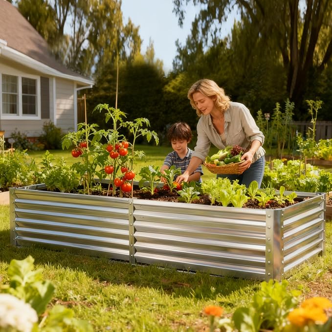 DUMOS Galvanized Raised Garden Bed with Cover, 6x3x2ft Metal Planter Box Outdoor for Deep-Rooted Vegetables Flowers Herbs, Garden Bed Mini Greenhouse for Patio Balcony Backyard, Open Bottom, Clear