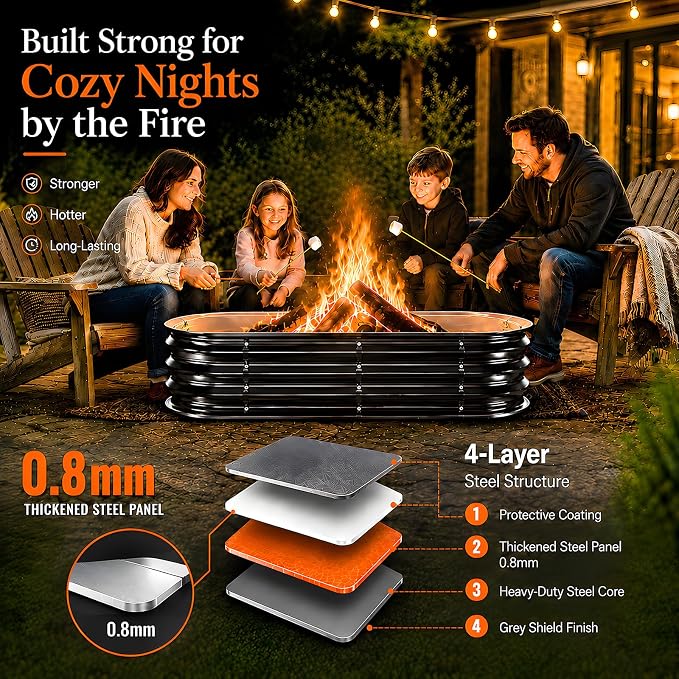 48 Inch Heavy Duty Square Fire Pit Ring for Outside, 11" Deep Galvanized Steel Fire Pit Insert for Backyard Bonfires, DIY Outdoor Wood Burning Firepit for Patio, Camping & Outdoor Fireplace