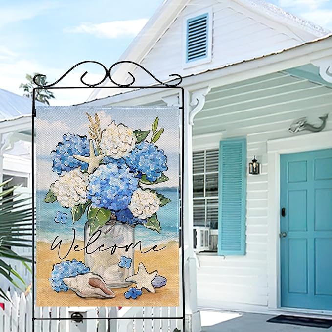 Artofy Welcome Spring Summer Flower Large Decorative House Flag, Hydrangea Floral Mason Jar Beach Coastal Yard Garden Outside Decor, Nautical Conch Starfish Outdoor Home Decoration Double Sided 28x40
