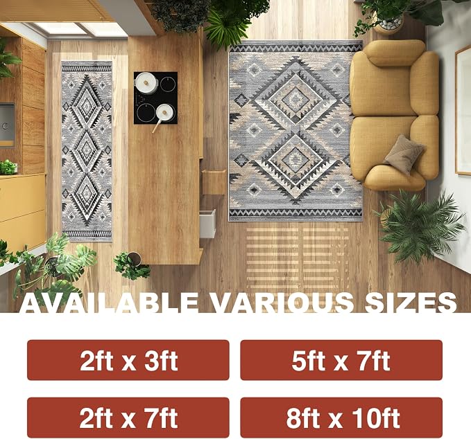 YHSF South West Native Tribal American Rug Ritz - Light Grey, 2 ft x 3 ft | Native American Indian Inspired Rug - Living Room, Bedroom, Hallway, Entryway & High-Traffic Area Rugs - Washable - Soft