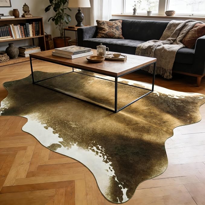 Washable Non Slip Cowhide Rug 4x5 Brindle and White, Faux Animal Skin Area Rugs for Bedroom, Western Rustic Farmhouse Aesthetic Decor Carpet with TPR Backing for Home Office