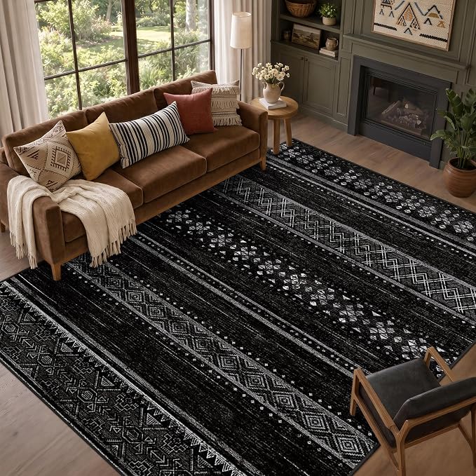 8x10 Washable Area Rugs for Living Room Boho Bedroom Rug Black/White | Vacuum Friendly, Machine Washable, Non-Slip Rug, Stain Resistant, Moroccan Geometric, Low Pile Carpet, Dining Room Kitchen