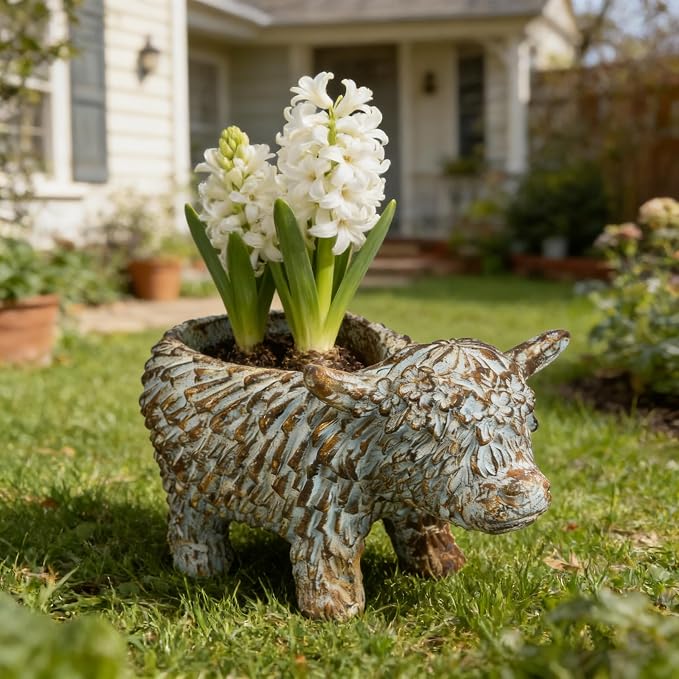 Rustic Highland Cow Planter - Vintage Distressed Blue Resin Planter Pot Indoor&Outdoor Flower Pots for Garden Home Decor, Succulent, Herbs