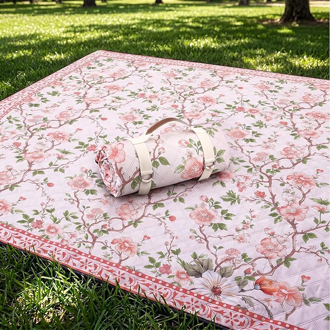Newwiee 80 x 80 Inch Pink and Green Floral Picnic Blanket Extra Large Outdoor Chinoiserie Picnic Mat with Carry Strap Waterproof Sandproof Blanket Foldable Portable for Beach Camping Grass Lawn Park