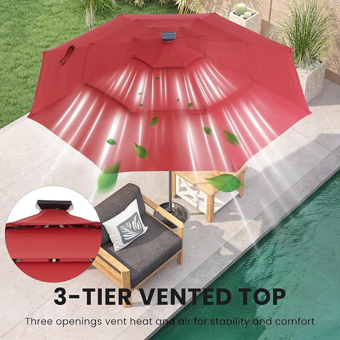 DUMOS Outdoor Solar Patio Umbrella 3 Tiers with 32 LED Lights, Beach Market Table Umbrella with Crank and 8 Sturdy Ribs for Pool, Terrace, Restaurant