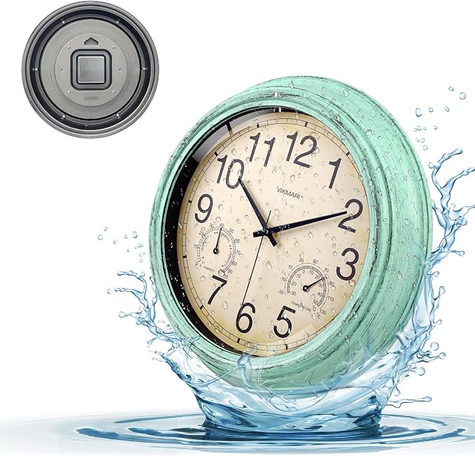 VIKMARI Indoor Outdoor Sealed Glass Clock Waterproof Silent Classic Quartz Clocks Thermometer and Hygrometer Combo Battery Operated Wall Clocks for Bathroom Patio Pool Wall Decor (12 Inch,Teal Green)