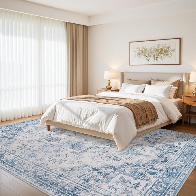 9x12 Washable Area Rugs for Living Room Blue Grey Non-Slip Rug | Vintage Medallion Rug，Soft Low Pile Large Rugs，Indoor Retro Carpet for Bedroom Nursery Dining Table Farmhouse Home Office