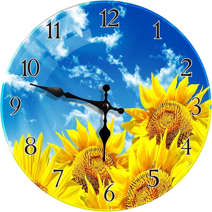 Britimes Round Wall Clock Silent Non-Ticking Battery Operated Glass Outdoor Waterproof Clock 12 Inch, Sunflower Summer Home Decor for Living Room, Kitchen, Bathroom, Bedroom, and Office