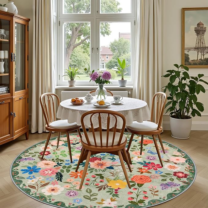 PLHXFR Round Area Rug Living Room: 4 ft Floral Washable Soft Carpet Green | For Bedroom Dining Room Farmhouse Nursery Hallway,Vintage Floral,Machine washable,Non Slip,Stain Resistant,Large Indoor