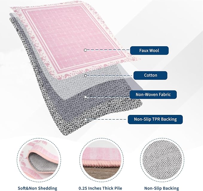 Garvee Scalloped Washable Rug 9x12 Rugs for Living Room Non Slip Pink | Neutral Nursery Rug Modern Bordered Floral Mat Indoor Soft Non-Shedding Accent Carpet for Bedroom Dining Room Kids Room Dorm
