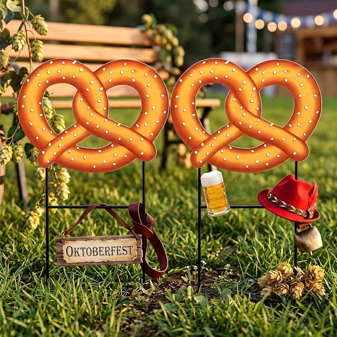Amyhill 2 Pcs Oktoberfest Pretzel Yard Sign Stakes, 25 Inch Metal Beer Festival Outdoor Decor, German Bavarian Party Yard Signs, Oktoberfest Themed Patio Lawn Walkway Decorative Garden Stakes