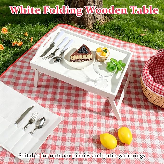 Picnic Basket Set for 2, Wicker Basket with Lid, Folding Table, Insulated Cooler Bag, Mat, Cutlery & Glasses, Red and White Checkered Complete Picnic Kit for Outdoor Camping Beach Park