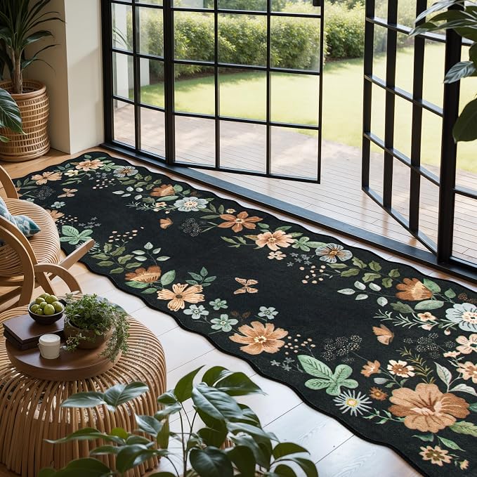 Lahome Floral Runner Rug for Hallways, 2'6''x8' Kitchen Runner Non Slip | Scalloped Soft Washable Hallway Rugs with Rubber Backing Carpet for Laundry Bedroom Bathroom Flore (Black/Grey)