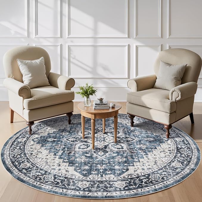 AMADA HOMEFURNISHING Round 8ft Area Rugs, Low-Profile Washable Rug with Non-Slip Backing & Durable Edge Binding, Vintage Rugs for Living Room, Bedroom, Dinning Room