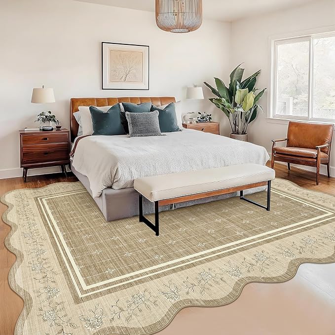 Garvee Washable Rugs for Living Room 8x10 Area Rugs Scalloped Rug Camel | Modern Bordered Non Slip Large Kids Bedroom Carpet Indoor Stain Resistant Floor Cover for Bedroom Dining Room Office Nursery
