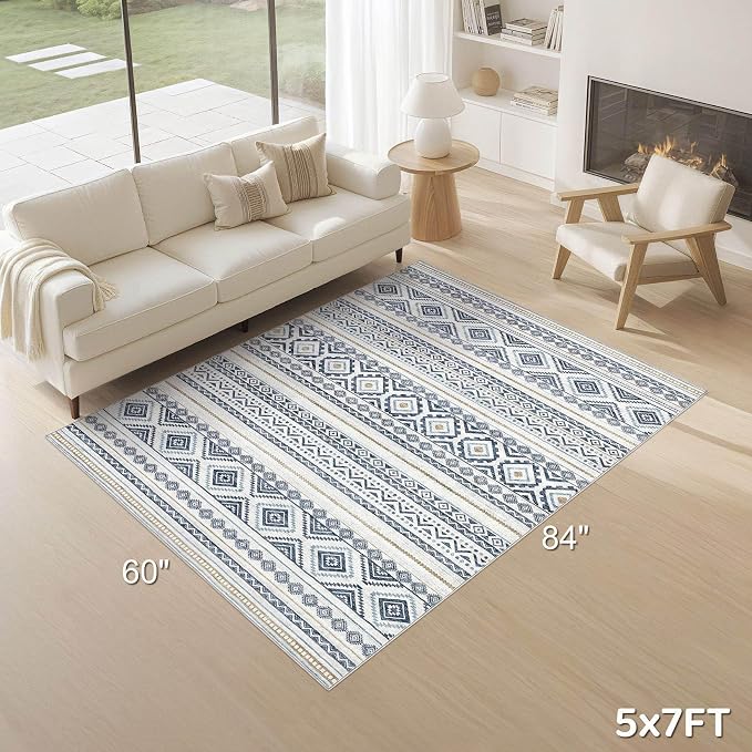 cotiled Boho 5x7 Area Rugs for Living Room: Soft Moroccan Washable Rug | Solve Modern Neutral Trendy Home Decor - Stain Resistan Indoor Carpet for Bedroom Dining Room Blue