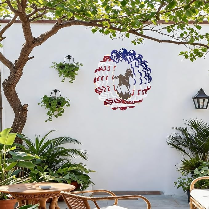 Horse Wind Spinner, 4th of July Decorations,Unique Birthday Horse Gifts for Women Men Mom, Metal Yard Art with American Flag, Patriotic Outdoor Decor for Garden, Porch or Patio(12 Inch)