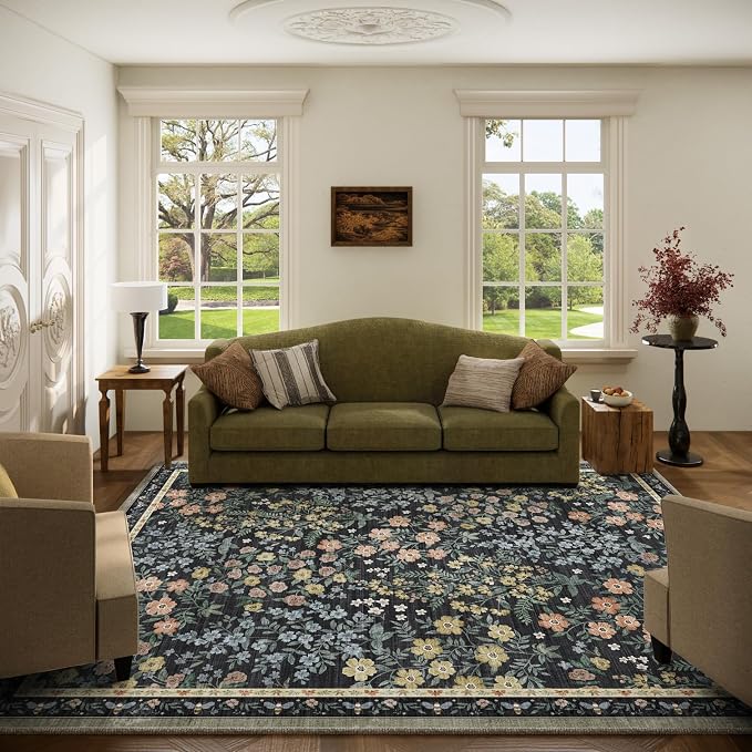 Washable Living Room Area Rug: 5x7 Rugs for Bedroom Vintage Stain Resistant Non Slip Low Pile Soft Lightweight Carpet Rug for Kitchen Dining Room Kids Room Nursery Living Room