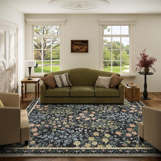 Washable Living Room Area Rug: 5x7 Rugs for Bedroom Vintage Stain Resistant Non Slip Low Pile Soft Lightweight Carpet Rug for Kitchen Dining Room Kids Room Nursery Living Room