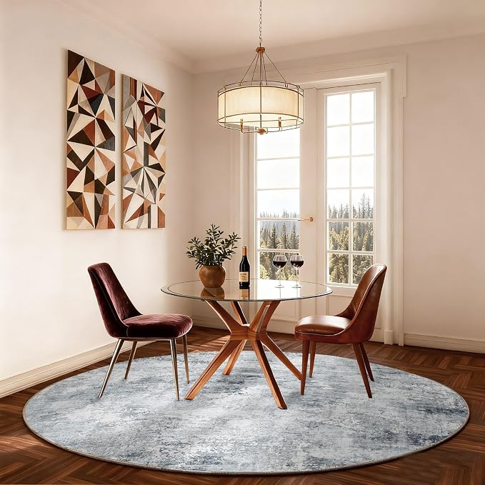 4ft Round Bedroom Rug Washable: Circle Rugs for Living Room Boho Vintage Non Slip Low Pile Soft Faux Wool Non Shedding Small Carpet for Kitchen Entryway Bathroom Bedside Office Dorm Kids Room Entrance