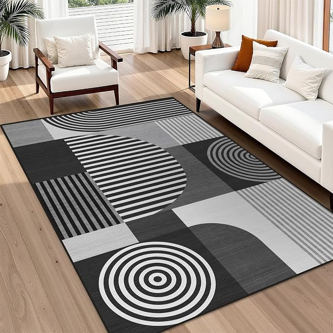 Area Rug 6x9 Living Room Grey Geometric Mid Century Modern Rug Machine Washable Black White Gray Minimalist Area Rugs Non Slip Low Pile Large Dining Room Indoor Floor Carpet for Bedroom Office