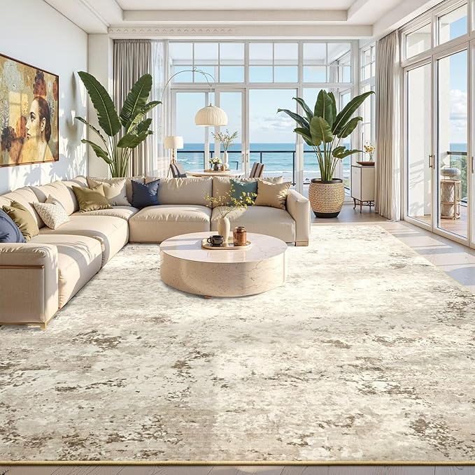 Toneed Washable 6x9 Beige Area Rug with Non-Slip Backing for Living Room | Abstract Modern Rugs, Soft Low Pile Carpet for Bedroom Kitchen Dining Room Nursery Indoor Floor Office Home Decor