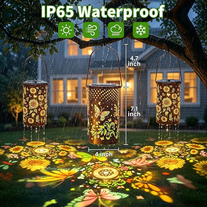 2 Pack Colorful Solar Lanterns Outdoor Waterproof - [Sunflower + Butterfly] - Decorative Outdoor Solar Hanging Lanterns for Porch Courtyard Table Path Garden Decor, Gifts for Mom Wife Grandma Women