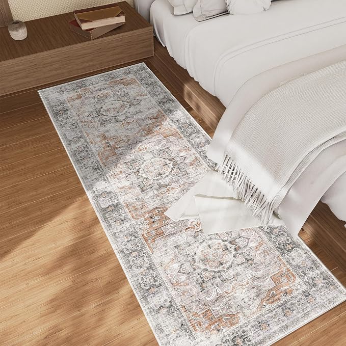 Washable Runner Rug Non Slip: 2'6"x8' Kitchen Rug Runners Low Pile Soft Faux Wool Boho Distressed Floor Rug Non Shedding Carpet Runners for Hallways Entryway Bedroom Living Room Farmhouse Indoor