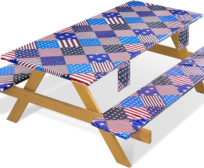 Fitted Waterproof Picnic Table Cover with Bench Covers Elastic 72×30Inch Weather Proof Non Slip Camping Table Clothes for 6Feet Rectangle Tables Campers Summer Fall Travel Hiking Tools Gifts