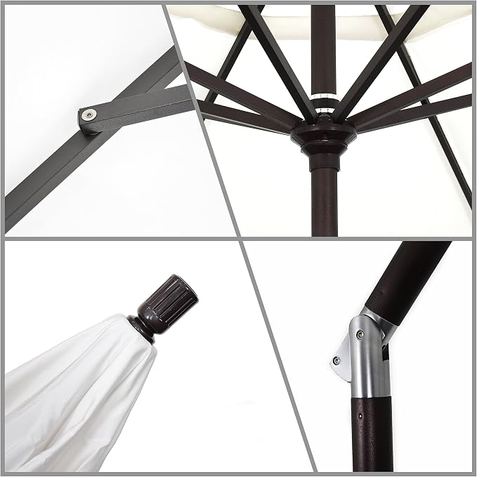 California Umbrella 9' Round Aluminum Patio Umbrella, Crank Lift, Collar Tilt, Bronze Pole, Gray/White Stripe