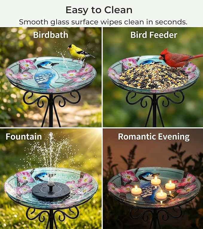 Large Bird Bath for Outside, 18" H Glass Bath Bowl with Metal Stand 28" H Standing Outdoor Birdbaths for Garden Yard Lawn Decor, Blue Jay