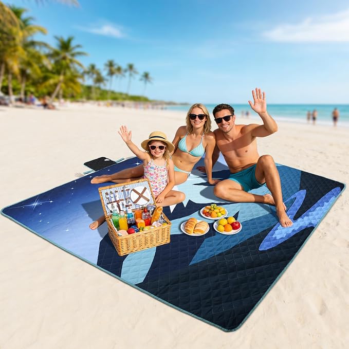 Tirrinia Picnic Blanket Waterproof, 70"x80" Extra Large Outdoor Blanket Waterproof, 3-Layer Foldable Picnic Mat with Sandproof Backing for Beach, Camping, Hiking, Park, Travel