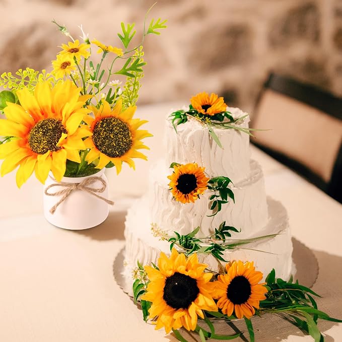 Zeyune 12 Pcs Sunflower Potted Plants Rustic Summer Spring Kitchen Wedding Table Centerpieces Silk Yellow Fake Flower with Plastic Pot for Home Bathroom Office (White,Sunflower)
