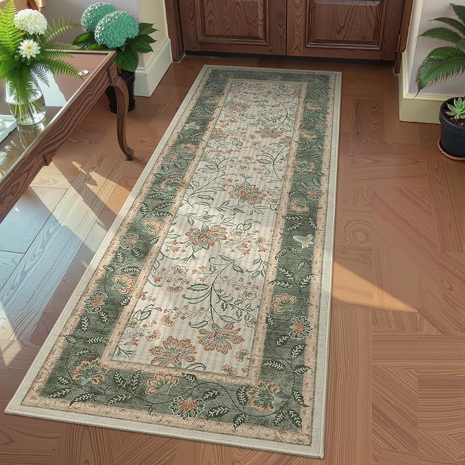 GarveeHome 2x6 Washable Runner Rug Sage Green Non Slip Kitchen Runner | Hallway Soft Botanical Floral Farmhouse Laundry Mat Stain Resistant Carpet for Bedroom Bathroom Bedside Rug