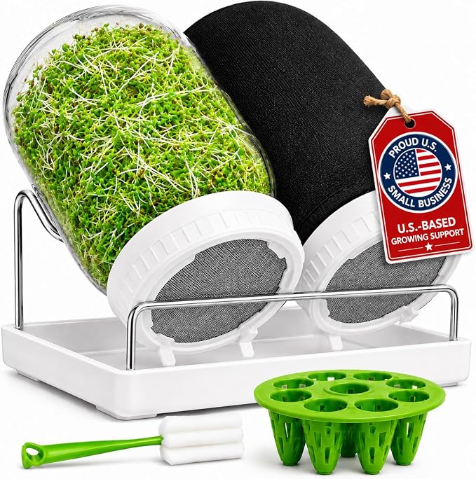 Sprouting Jar Kit - 2 Wide-Mouth Mason Jars with Stand and Sprout Lids | Green onion regrower, sprout lids and drain tray for growing broccoli, alfalfa and mung bean sprouts