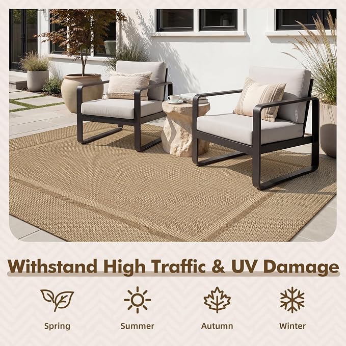 MontVoo-Outdoor Rug-Patio Rug 4x6 Polypropylene Indoor Outdoor Rugs Outdoor Carpet for Patio Deck Balcony Porch, Textured Weave, Durable for High Traffic, Fade-Resistant, Modern Neutral Brown